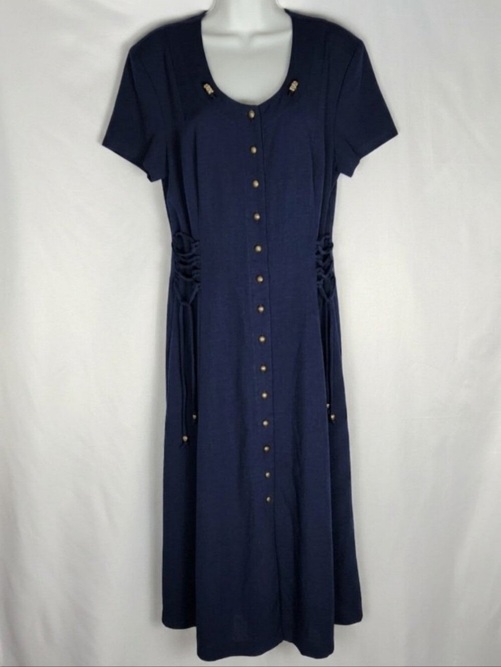 Vintage Jessica Navy Blue Maxi Dress Short Sleeve Button Front Size 16